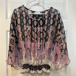 Women's Sheer Silk Blouse Cape Sleeve Medallion Paisley Print Sz M (DESIGNER???)